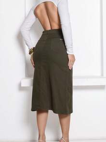 Women's Long Denim Skirt With Pockets, Flared, Frayed Hem, High Waist, Elegant, Green - 軍綠色 - 查看 2