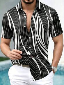 Casual Basic Gradient Artistic Striped Print Men's Button Pocket Short Sleeve Shirt - Black - View 1