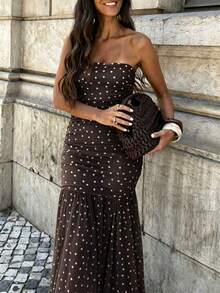 Women's Polka Dot Party Elegant Mesh Patchwork Sexy Print Dress Beach Vacation Spring Summer - Coffee Brown - View 3