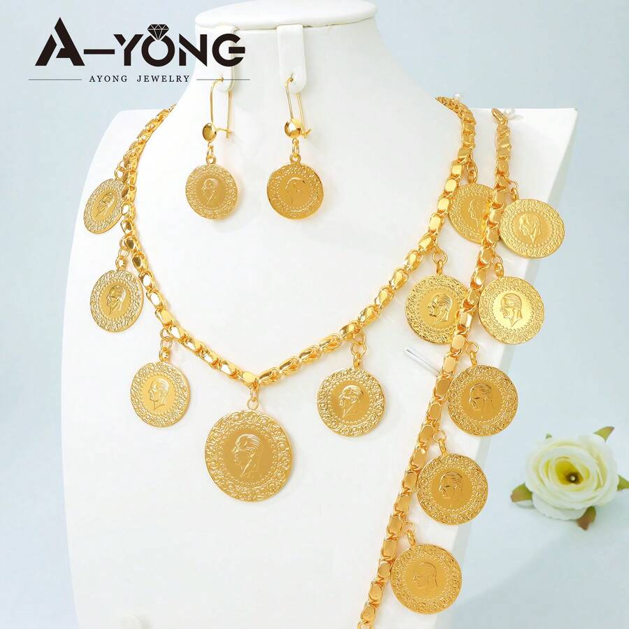 Arabian Style Lira Coin Jewelry Set 21K Gold Plated Dubai Bride Wedding Necklace Bracelet Earrings Middle Eastern Women Vintage Party Jewelry