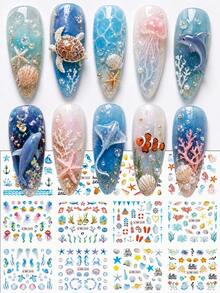 SWEET TREND 2 Large Summer Marine Animal Tropical Plant Design Water Transfer Nail Sticker, Beach Coconut Tree, Leaves And Turtles, Shells, Seahorse Design DIY Nail Art Sticker, Marine Life Sticker Watermark Slider Nail Art Decoration DIY Nail Supplies - Multicolor - View 4