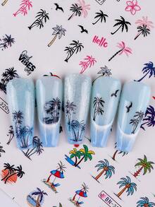 SWEET TREND 2 Large Summer Marine Animal Tropical Plant Design Water Transfer Nail Sticker, Beach Coconut Tree, Leaves And Turtles, Shells, Seahorse Design DIY Nail Art Sticker, Marine Life Sticker Watermark Slider Nail Art Decoration DIY Nail Supplies - Multicolor - View 7