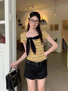 條紋方領短袖T恤，夏季韓風修身蝴蝶結設計短版上衣，女款黃色 - 黃色 - 查看 2