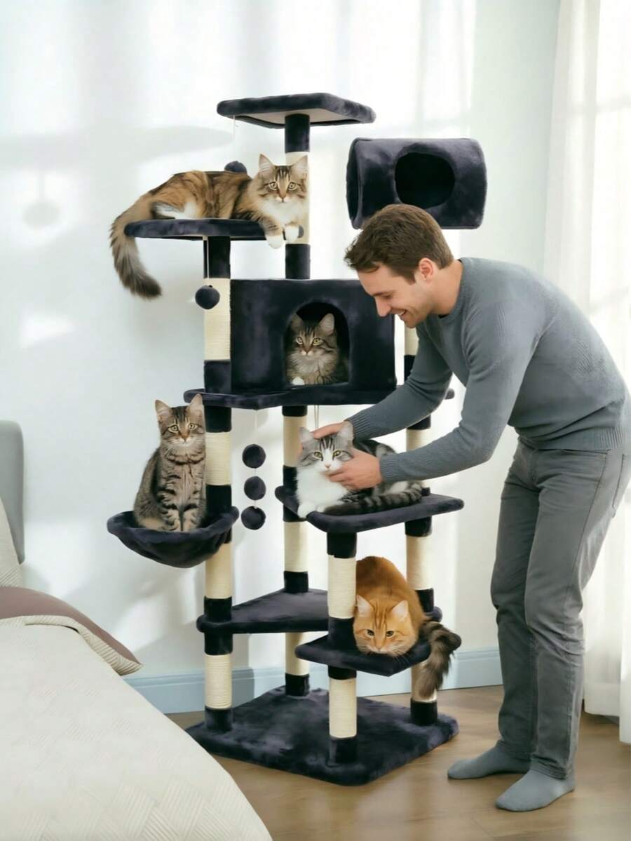 165cm Tall Multi-Level Cat Tree, Wear-Resistant Sisal Scratching Posts, Complete With Cat Houses And Hammocks, Equipped With Interactive Cat Ball, Integrates Climbing, Scratching And Resting Functions In One - Random Color - View 1