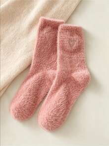 Women's Mid-Calf Floor Socks With Heart Pattern Plush, Soft Thick Daily Long Socks - Multicolor - View 6