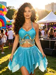 Exotic Festival Rave Party Dangling Sequin Coin Fringe Halter Crop Top, Irregular Hem Sequin Skirt For Costume Cosplay And Parade Events - Multicolor - View 2