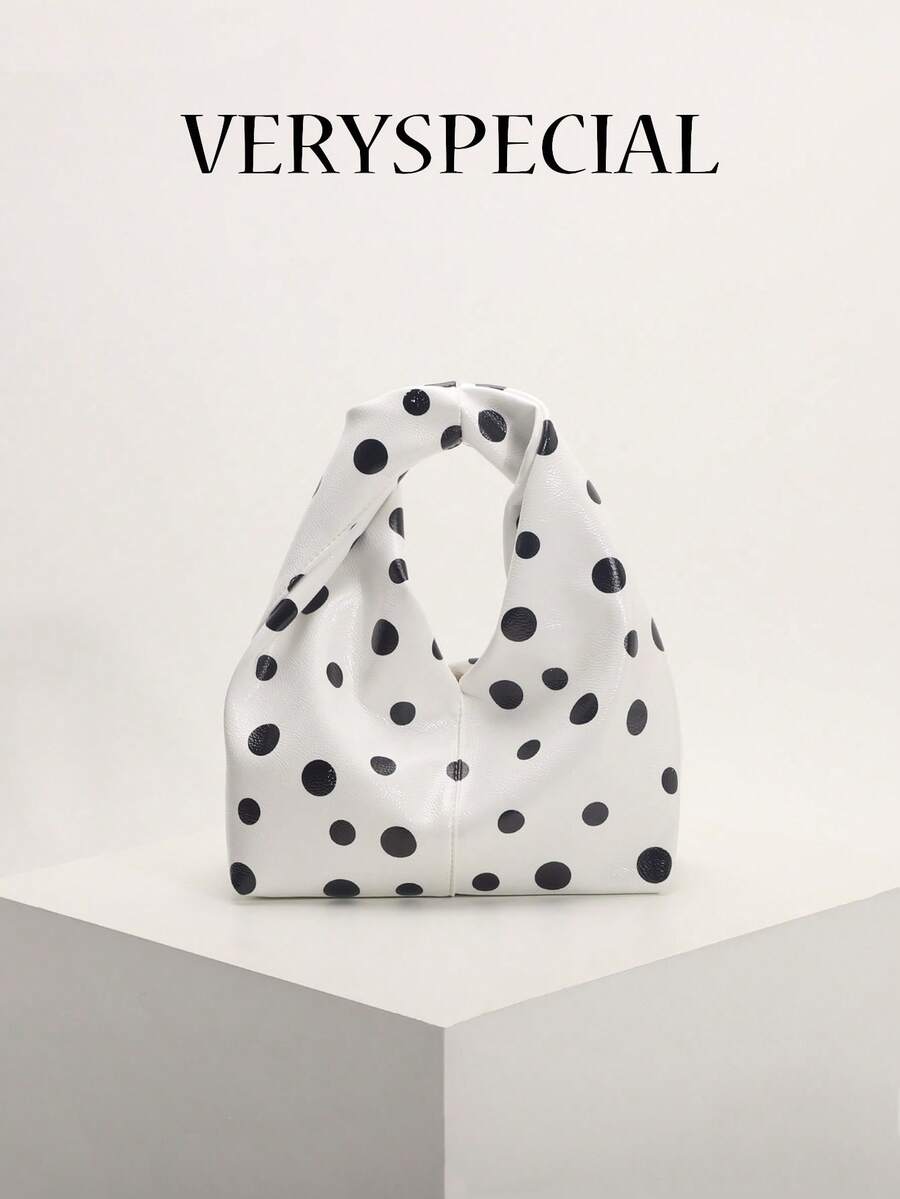 1 buah Tas Tangan Kulit PU Lembut Motif Polkadot Putih dengan Detail Kerut, Tas Tote Wanita Minimalis Model Patchwork untuk Kerja dan Perjalanan