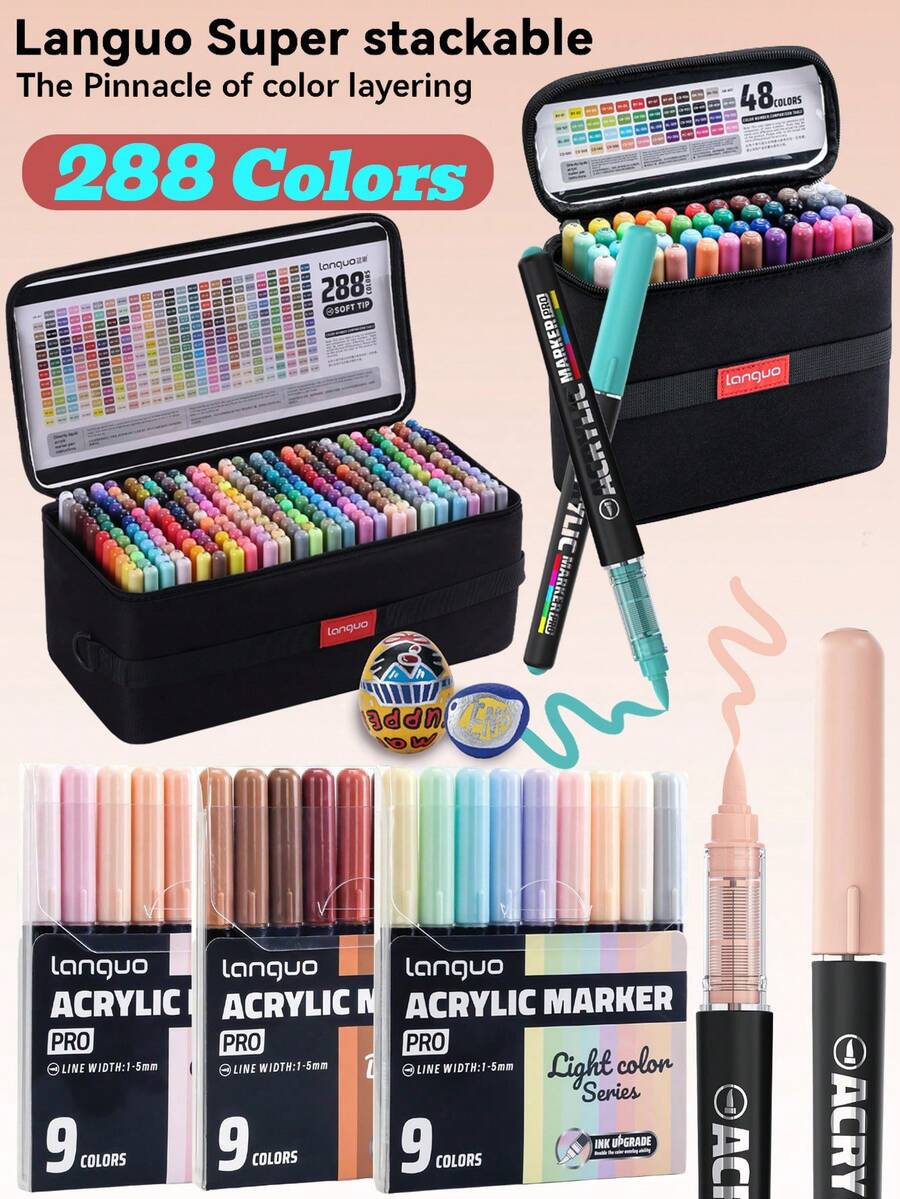 Languo New Color Series Heavy Ink Painting Pens, 288/192/96/72/48/9 Rich Ink Marker Pen Set, Skin Tone And Pastel Color Assortment Available, Soft Liquid-Flow Tip, Vibrant Colors, Strong Coverage, Suitable For Art Students And Artists, Applicable To Canvas, Rock Painting, Wood, Stone, Glass, Ceramic, Fabric Painting, DIY Crafts, Creative Graffiti Creation. Perfect Gift Set For Boys/Girls, Back To School Essential Learning Stationery