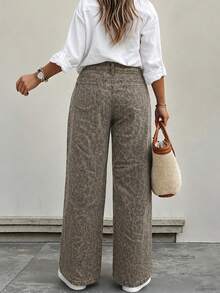 Women's Leopard Print Low Waist Jeans, Casual Straight Leg Pants, Zipper Detail, Non-Stretch Fabric, Suitable For Autumn Wear - Rust Brown - View 3