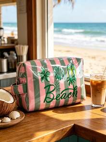 Colorful Striped Beach Makeup Bag, Beach Print, Waterproof PVC Toiletry Bag, Portable Travel Makeup Bag, Multi-Functional Toiletry Bag, Vacation Makeup Bag, Perfect For Swimming, Beach, Diving And Summer Vacation, Suitable For Friends, Family, Best Friends, Classmates. Perfect For Birthday, Holiday, Party, Mother's Day, Teacher's Day Gifts And Souvenirs.,Back To School - Multicolor - View 5