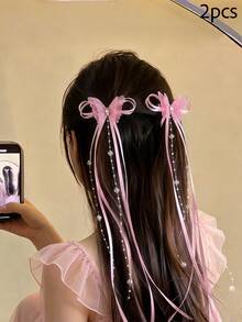 2件組粉色緞帶流蘇水鑽蝴蝶結髮夾，甜美氛圍髮飾，適合女性與女孩，日常必備 - 彩色 - 查看 16