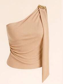 Women's Asymmetrical One-Shoulder Blouse With Padded Cups In Plain Ribbed Fabric - Casual, Basic, And Elegant - 杏色 - 查看 2