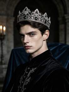 Vintage Silver Hollow Gothic Crown For Men, Cross Shield Black Crystal Inlaid Adjustable Metal Crown, Groom Wedding Evening Party Birthday King Cosplay Photography Accessory - Multicolor - View 1