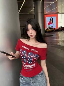 美式復古星星印花不對稱肩休閒性感短袖修身設計女款上衣 夏季紅色 - 紅色 - 查看 2