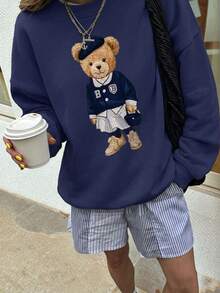 Cute Academy Style Bear Pattern Pullover Sweatshirt, Long Sleeve Ribbed Crew Neck Knit Fabric, Suitable For Autumn Wear, Comfortable And Versatile - Navy Blue - View 2