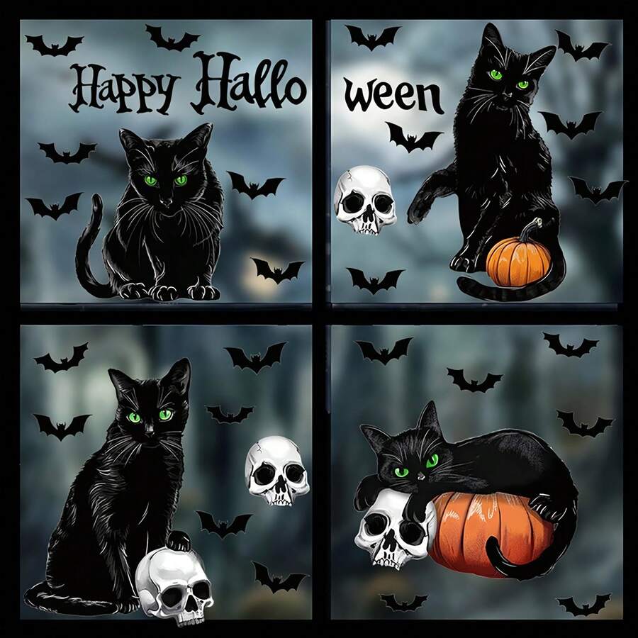 1pc Halloween Black Cat Static Window Sticker, Removable Glass Sticker, Cat And Bat Design, Suitable For Living Room And Bedroom Windows, Holiday Party Supplies. - Multicolor - View 1