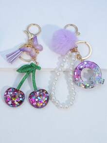 1pc Resin Starry Sky Epoxy Letter Keychain With Black Fur Ball Tassel Decor, Heart Pendant Gift For Friend And Mom - Mauve Purple - View 23