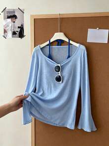 Atasan Camisole Musim Semi/Panas Lembut Tipis untuk Berlapis, Model Lengan Lonceng Bergelombang dengan Hem Asimetris, Atasan Kasual untuk Berlapis. - Biru muda - View 3