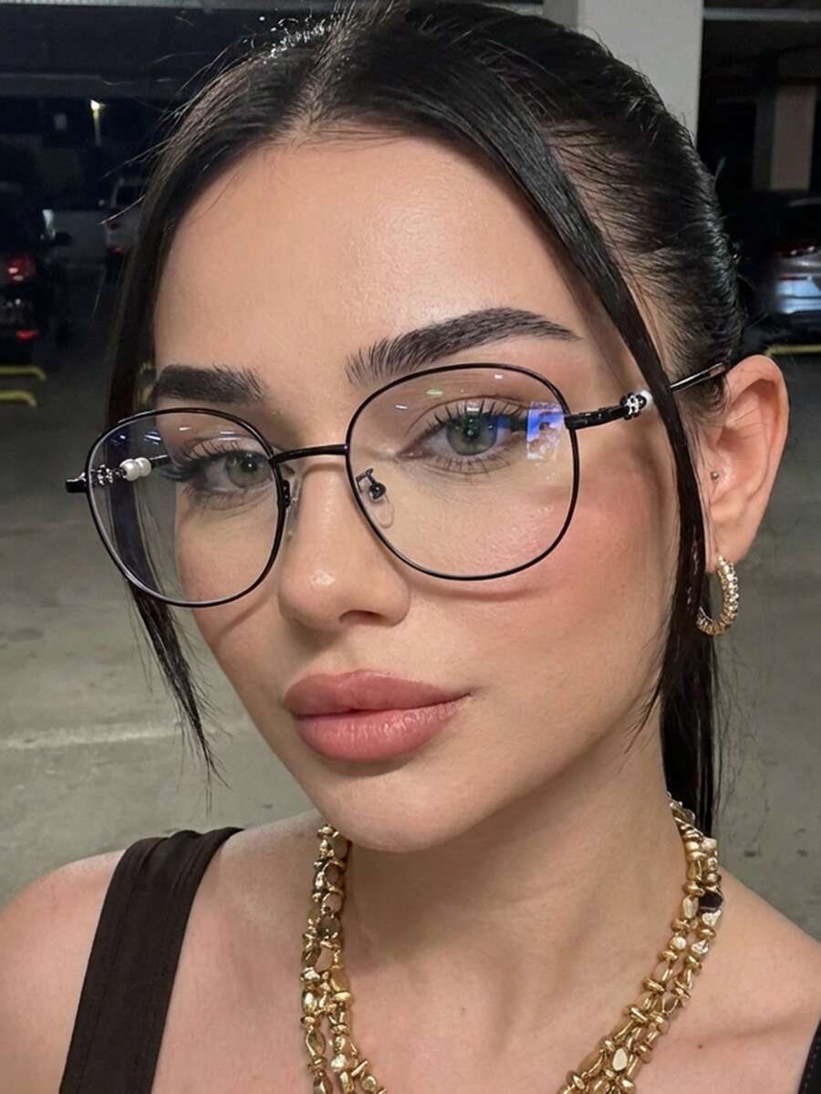1 Pair Women's Black Round Metal Frame Pearl Decor Elegant Non-Prescription Glasses - Black - View 1