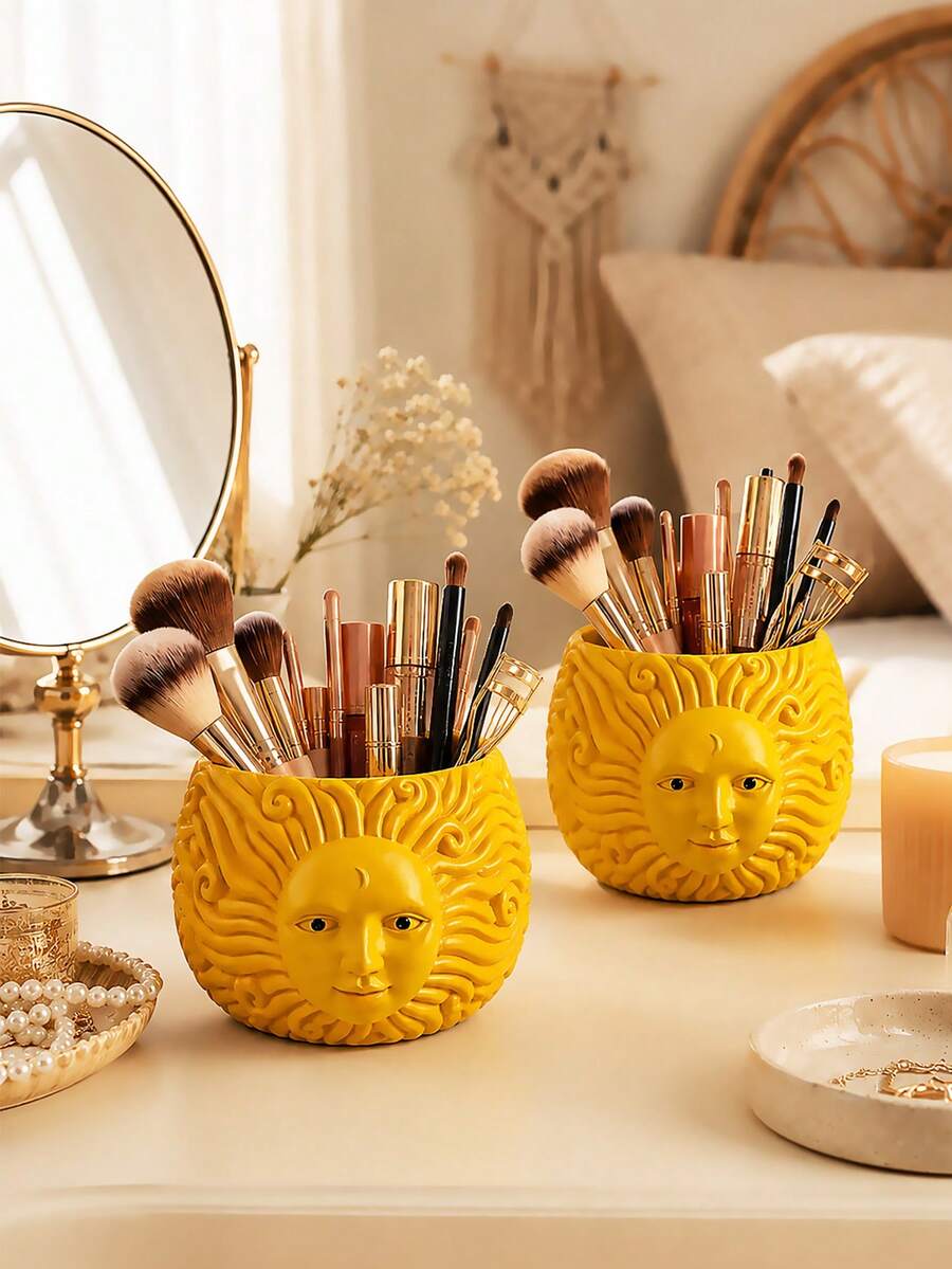1pc Bohemian Style Resin Makeup Brush Storage Bucket, Style, Desktop Pen Holder, Office Supplies, Makeup Brush Storage Box, Home Decoration, Storage Jar, Miscellaneous Item Organizer. - A - View 1