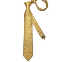 Golden Yellow Paisley Men Tie Handkerchief Cufflinks Tie Clip Full Set, Gala Celebration Tuxedo Matching Accessory For Gentlemen - Gold - View 3