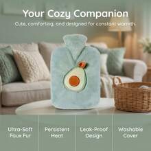 1pc Neutral Cartoon Fruit Pattern Flocked Large Capacity Hot Water Bottle, Refillable, Explosion-Proof, Leak-Proof, Detachable, Hand Warmer, Suitable For Winter Outdoor Camping, Travel, Home, Office, School, Dorm, Daily Use - Green Avocado - View 8