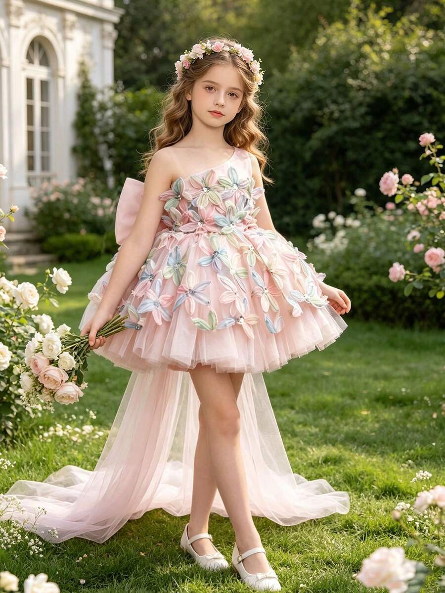 Vestido formal elegante para niñas con gran lazo, aplicaciones florales de lentejuelas y cola desmontable, vestido de princesa para fiesta de cumpleaños, boda, niña de las flores, reunión, baile de graduación - Rosa - Ver 1