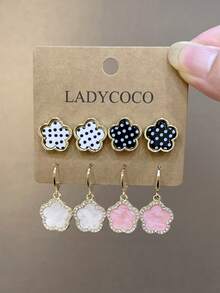 LADYCOCO 1套4對時尚幸運多色三葉草耳環，女士日常佩戴耳環套組 - 彩色 - 查看 3