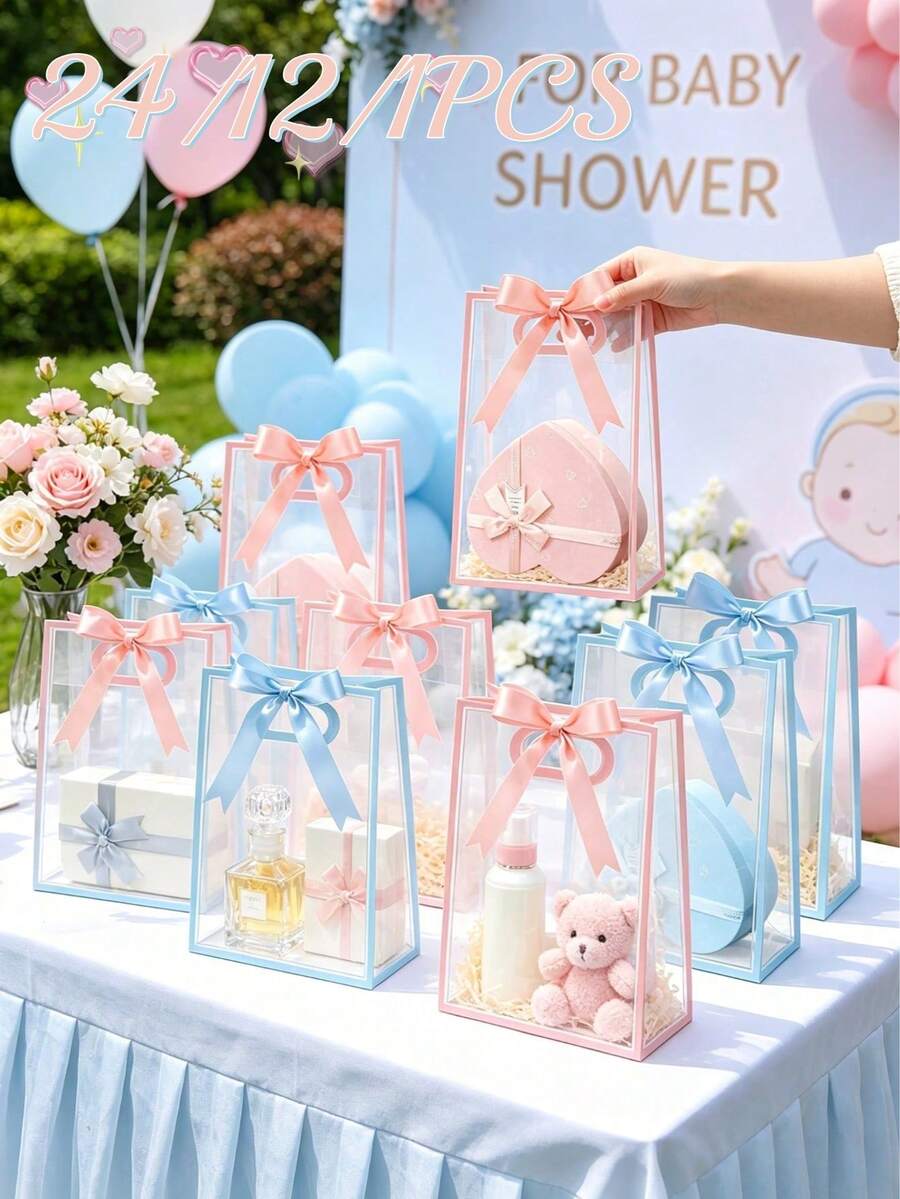 24/12/1pc Transparent Gift Bag With Ribbon, 7x10x3.15 Inch Reusable PP Holiday Gift Bag, Suitable For Baby Shower, Graduation, Wedding, Bridal Shower, Birthday Party, Business Occasions, With Hollow Handle, Gender Reveal Party Gift Bag, Guest Favors (Pink And Blue) - Multicolor - View 1