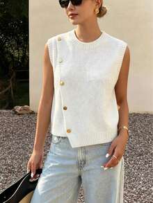 1pc Solid Color Cropped Round Neck Asymmetrical Button Accessory Design Fashion Layering Sleeveless Knit Vest White Summer - White - View 11