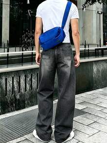 男士時尚復古寬鬆寬腿牛仔褲 - 灰色 - 查看 3