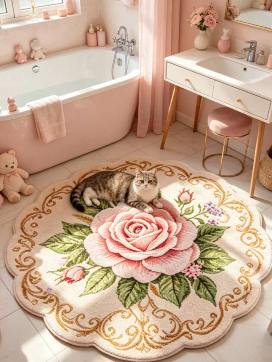 1pc Pink Rose Wavy Edge Decorative Rug, Living Room Small Rug, Bathroom Rug, Washable - Multicolor - View 1
