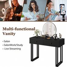 Escritorio moderno de vanidad led con espejo iluminado, mesa de vanidad de maquillaje de iluminación de 3 colores ajustable con 2 cajones de almacenamiento, mesa de vestidor de marco de metal resisten - Negro - Ver 6