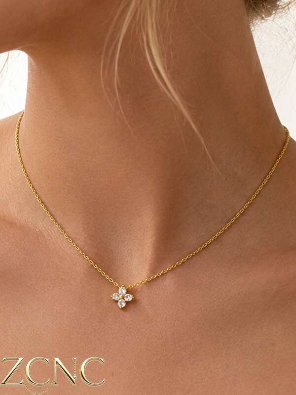 1 pieza Collar de mujer minimalista de lujo elegante con flor de cuatro hojas de circonita cúbica chapado en oro de 14k, regalo para novia, Navidad, Acción de Gracias