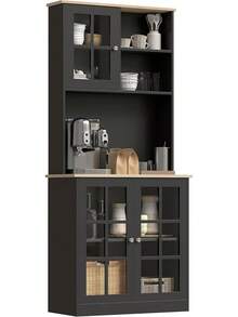 Kitchen Pantry Storage Cabinet, Freestanding Food Pantry Hutch Cabinet With Large Countertop Glass Doors And Adjustable Shelves, Modern Coffee Bar Microwave Stand Storage Organizer For Dining Room, Black - Black - View 1