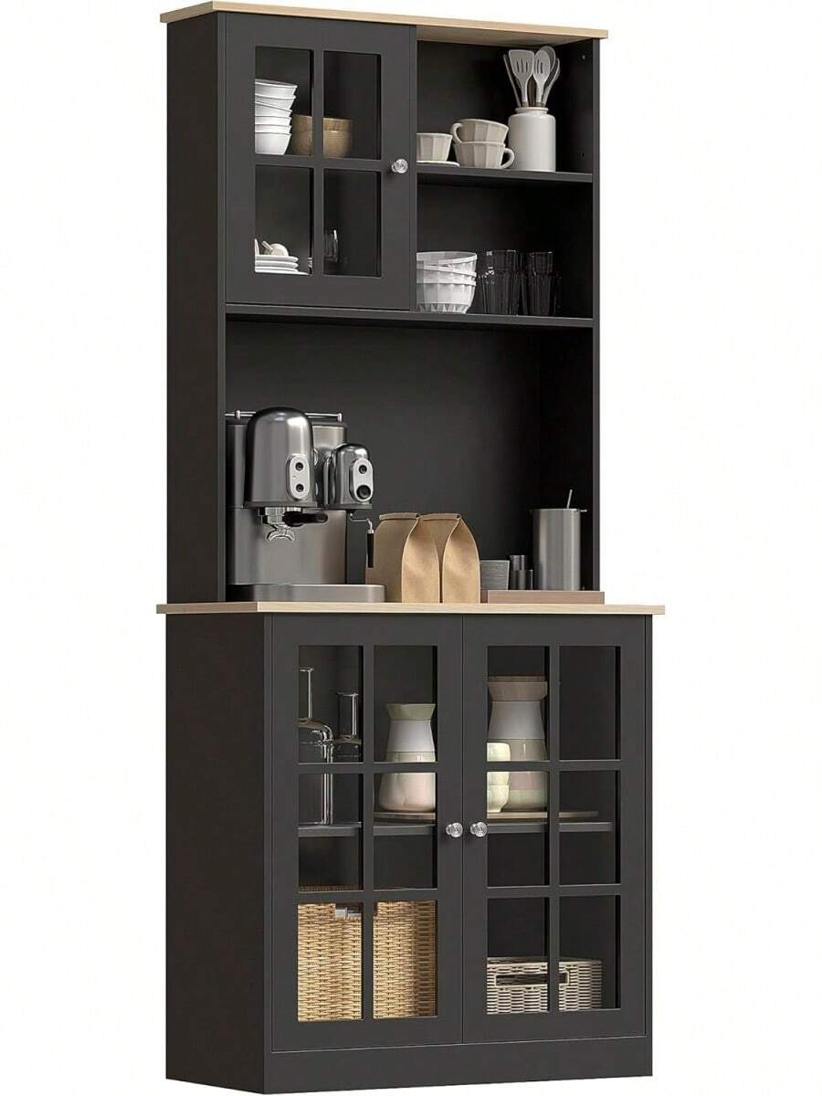 Kitchen Pantry Storage Cabinet, Freestanding Food Pantry Hutch Cabinet With Large Countertop Glass Doors And Adjustable Shelves, Modern Coffee Bar Microwave Stand Storage Organizer For Dining Room, Black - Black - View 1