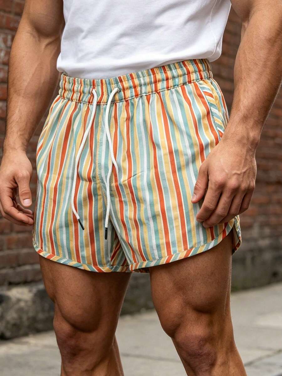 Men's Summer Thin Color Block Striped Casual Sports Loose Quick-Dry Beach Shorts - Multicolor - View 1