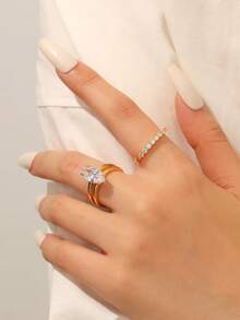 2pcs/Set Commuter Versatile Gold-Plated Horse Eye Zirconia Double Layer Plain Band Engagement Rings For Women, Wedding, Party, Vacation, Gift Accessory - Yellow Gold - View 2