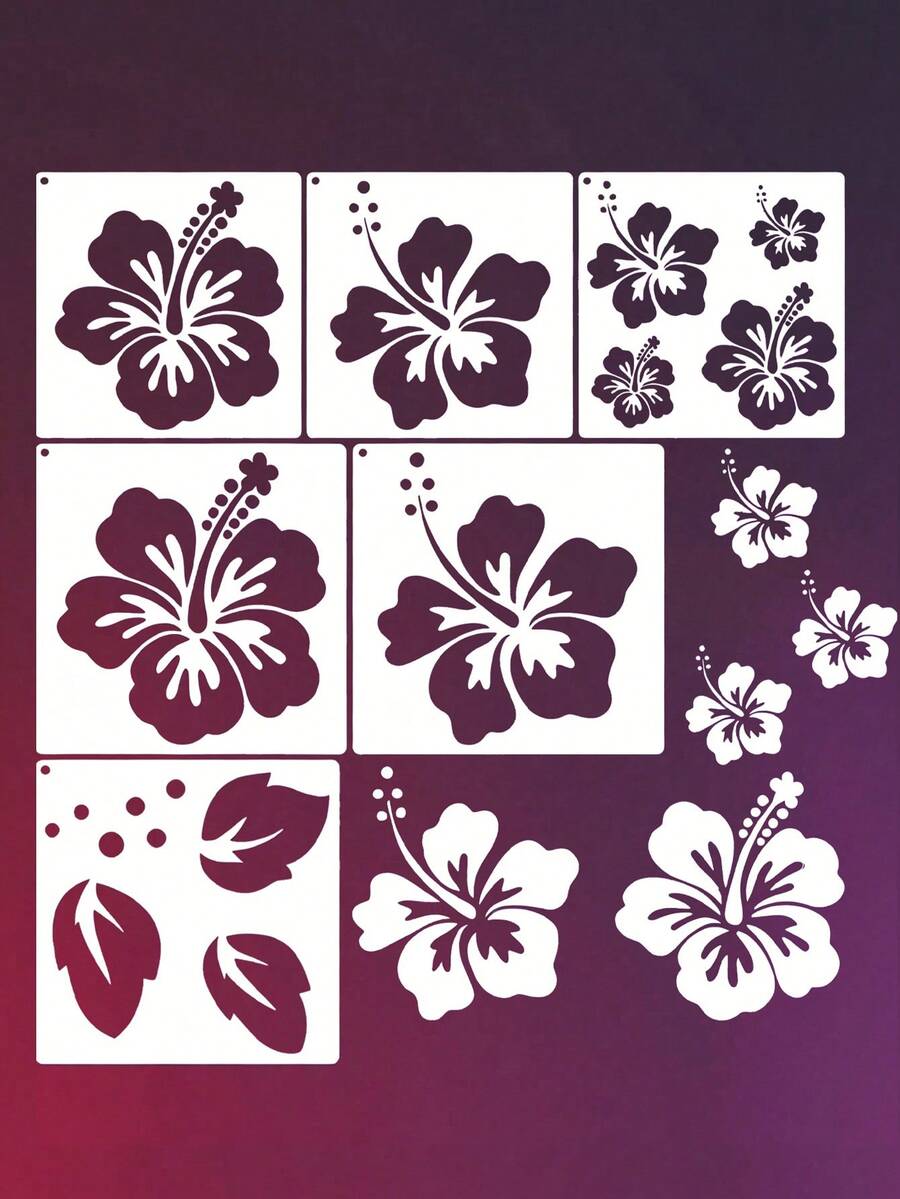 Juego de 6 piezas de pegatinas decorativas de flores de hibisco de plástico reutilizables, adecuadas para manualidades DIY, decoración del hogar, pintura en camisetas y lienzos, arte de pared y decoración de muebles - Conjuntos - Ver 1