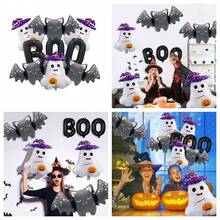 Halloween-Themed Cute White Ghostly Balloons Set, Paired With Black "BOO" Ghost Bat Foil Balloons. These Are Perfect Decorations For Halloween Parties And Graduation Seasons. - Balloon Set - View 2