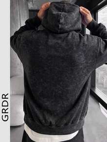 GRDR 男士秋冬休閒街頭風純色保暖內裡寬鬆連帽衛衣 - 黑色 - 查看 4
