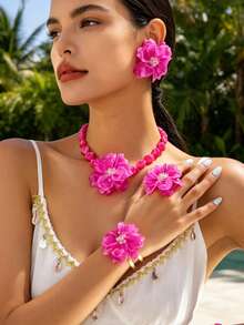 5pcs Women's Jewelry Set Exaggerated Vintage Elegant Acrylic Beaded Flower Pendant Necklace Earrings Bracelet Ring Set Suitable For Beach Vacation Party Banquet And Daily Wear - Hot Pink - View 7