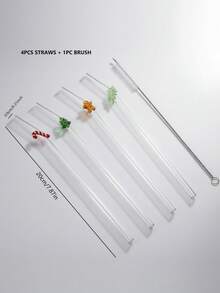 GASUDIN 4pcs Reusable Bent Glass Straw Set - High Borosilicate Glass Material, Includes Cleaning Brush - Christmas Theme, Holiday Patterns (Christmas Tree, Candy Cane, Holly, Gingerbread Man) - Ideal Gift For Home, Cafe, Party - View 3