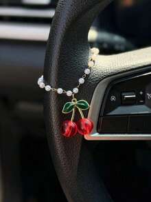 1pc Pearl Chain Cherry Car Pendant Interior Steering Wheel Decoration Car Creative Hanging Decoration Interior Decoration - A - View 3