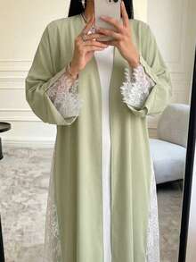 Women's Contrast Color Lace Patchwork Abaya - Green - View 1