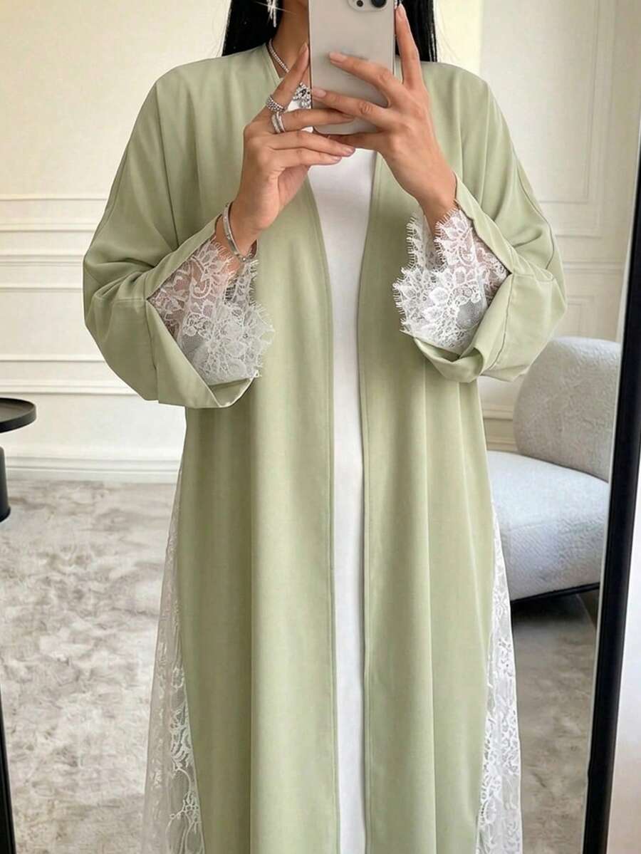 Women's Contrast Color Lace Patchwork Abaya - Green - View 1