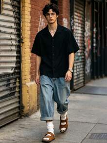 Men's Summer Thin Solid Color Short Sleeve Shirt With Turn-Down Collar, Fashionable Versatile Blouse - Black - View 2