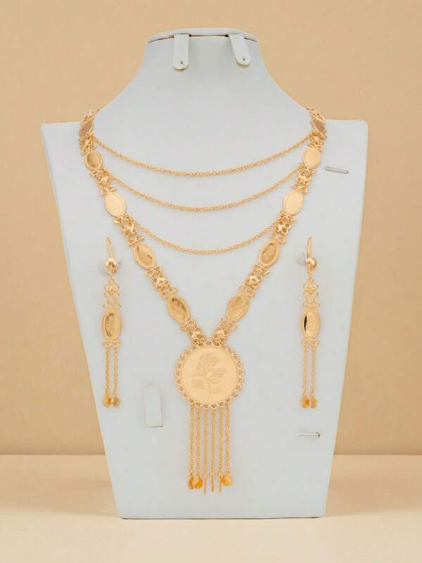 Juego de 3 piezas de collar y pendientes con borla de rosa redonda, cadena de rosa ovalada elaborada con láser pesado en tono dorado de 18K, adecuado para boda, banquete, fiesta, cita, uso diario, fotografía, elegante, de moda, de alta gama