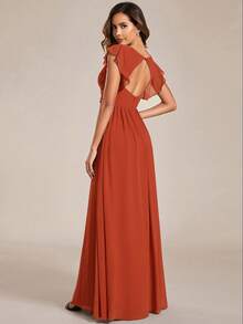 Chiffon Bridesmaid Dress, Short Sleeve Pleated V-Neck Draped Open Back Design Asymmetric Hem, Suitable For Wedding, Vacation Wear, Mother Of The Bride Dress Spring - Burnt Orange - View 3