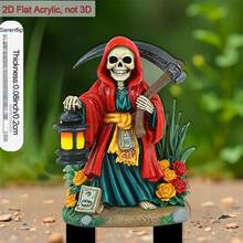 [2D Flat] 1pc 2D Flat Acrylic Garden Stake, Used For Garden And Potted Plants, Red Cape Skeleton With Scythe, Used For Decorating Yard And Potted Plants, Perfect For Decorations And Outdoor Decor, Halloween Decoration Stake, 2D Flat, No Electricity - A - View 4